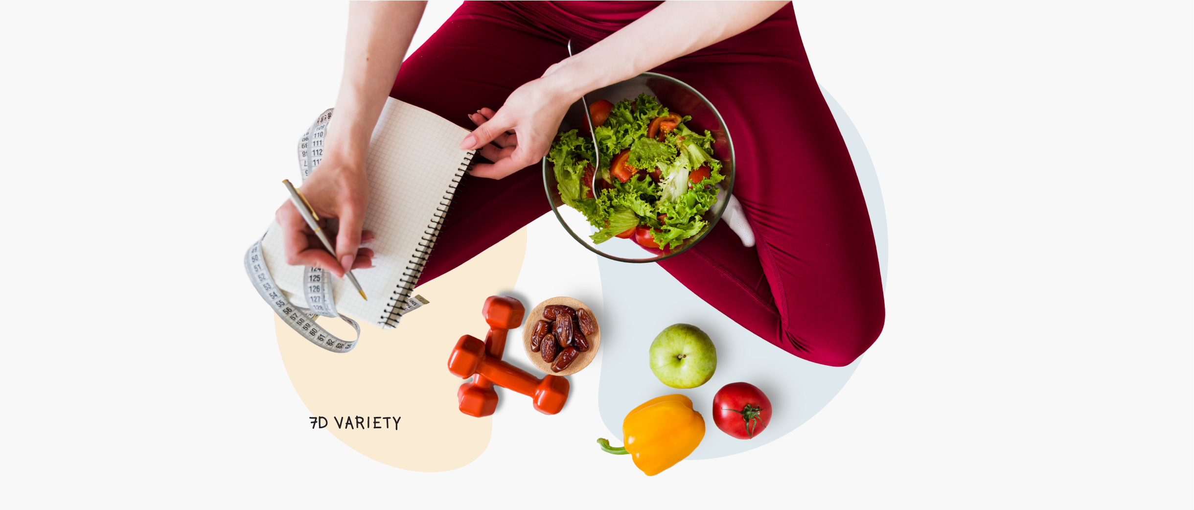 Dietary Patterns: A person writing a diet plan with a bowl of healthy salad, dates, other fruits and vegetables, and pair of dumbbells lying on the floor
